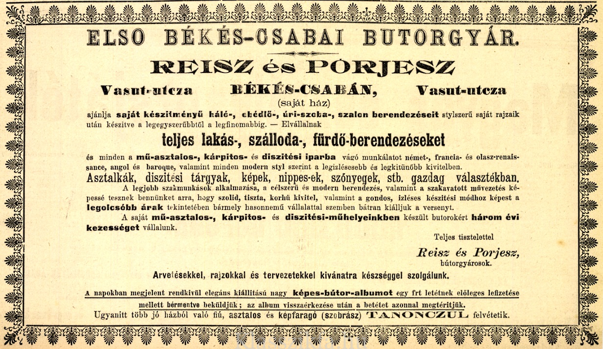 A békéscsabai Reisz és Porjesz Bútorgyár és a Magyar Műbútorgyár Részvénytársaság – 1
